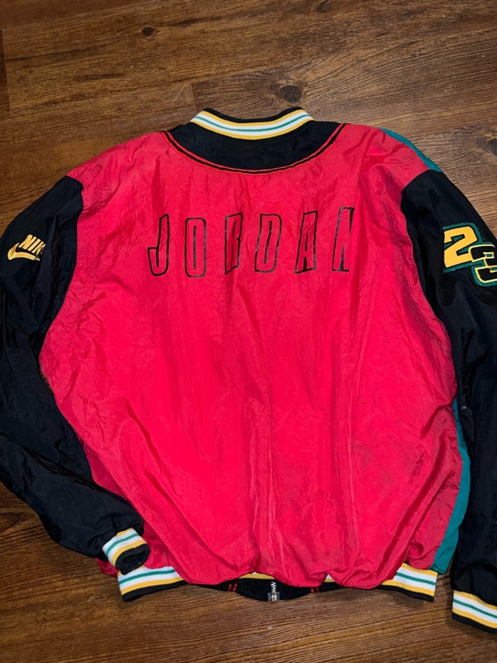 90s Rare Nike Air Jordan Black Red Green Bomber Zip Up Nylon Jacket Size XL - Picture 5 of 14